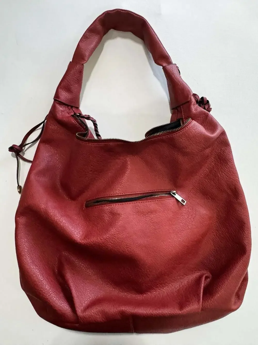 Red Slouchy Hobo Shoulder Bag with Studded Detail and Braided Handle